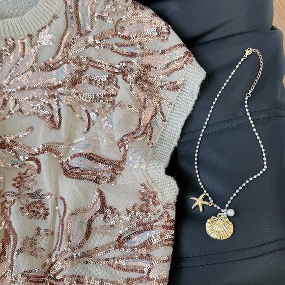 Apricot Casual Women's Sequin Embroidered Sleeveless Knit Tops - Picture 4 of 6